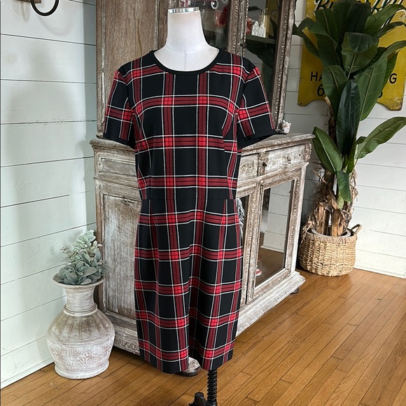 BROOKS BROTHERS RED BLACK PLAID CAP SLEEVE DRESS 16 EXCELLENT - Picture 1 of 9